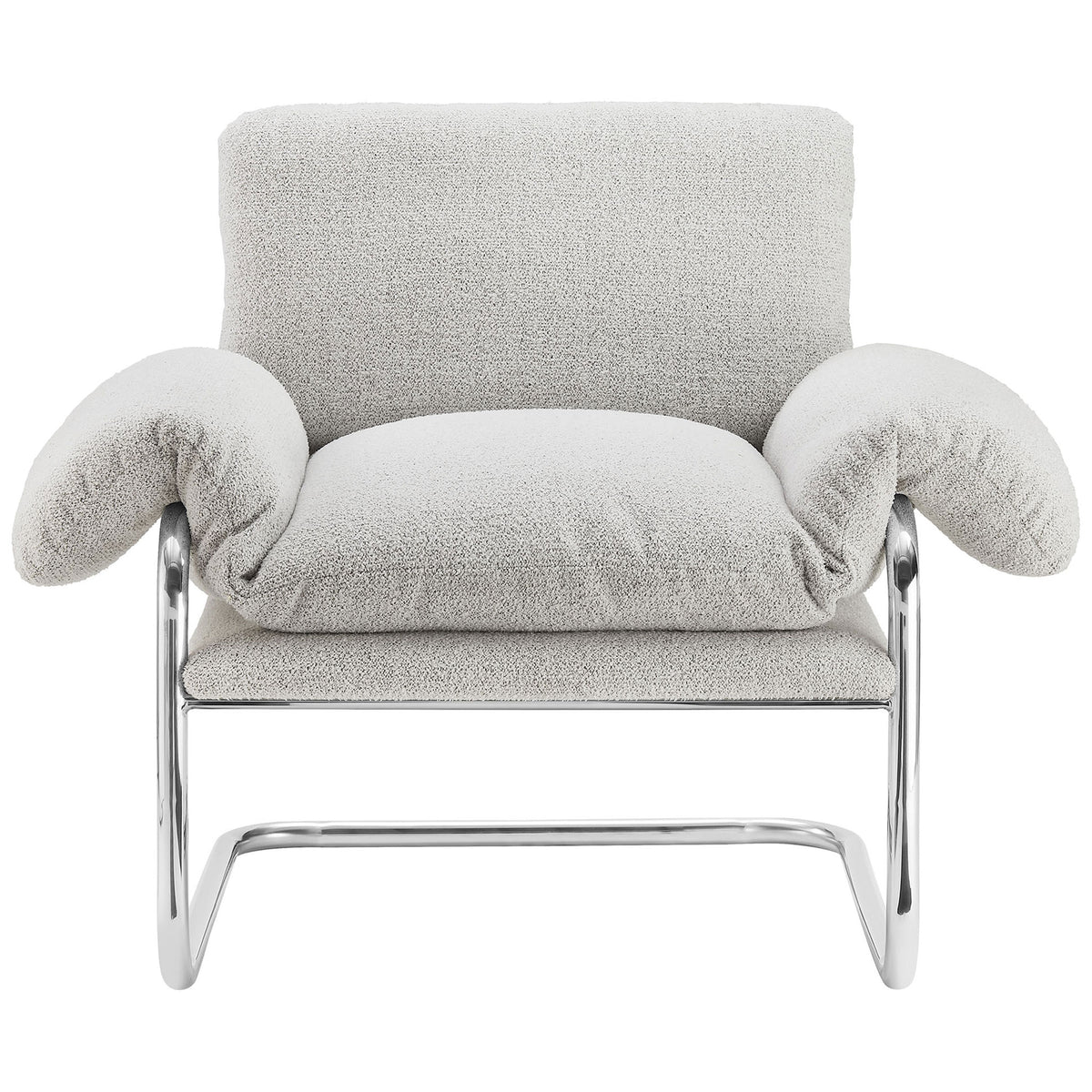 Plush boucle armchair with draped arm cushions and a polished stainless steel cantilever base. || EEI-7180-NPT || front_studio