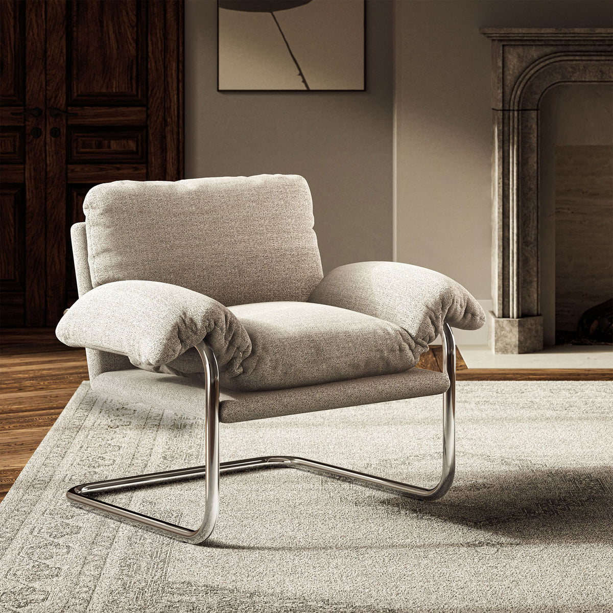 Inviting lounge chair adds mid-century character with its cushioned profile and polished base. || EEI-7180-NPT || front_angle_room