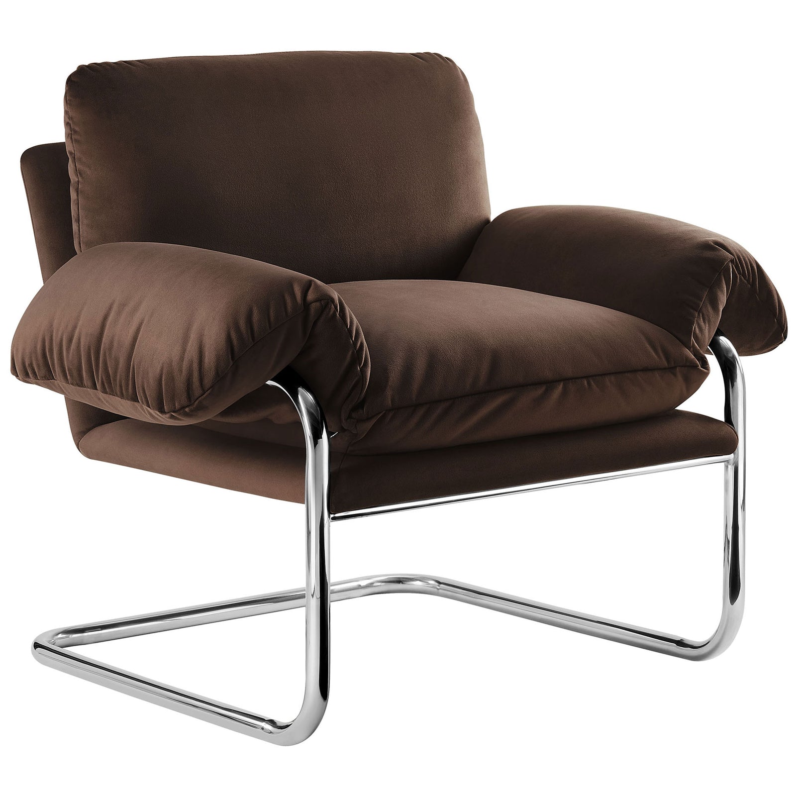 Chocolate velvet accent chair with plush arm pillows and polished cantilever steel base || EEI-7181-CHB || front_angle_studio