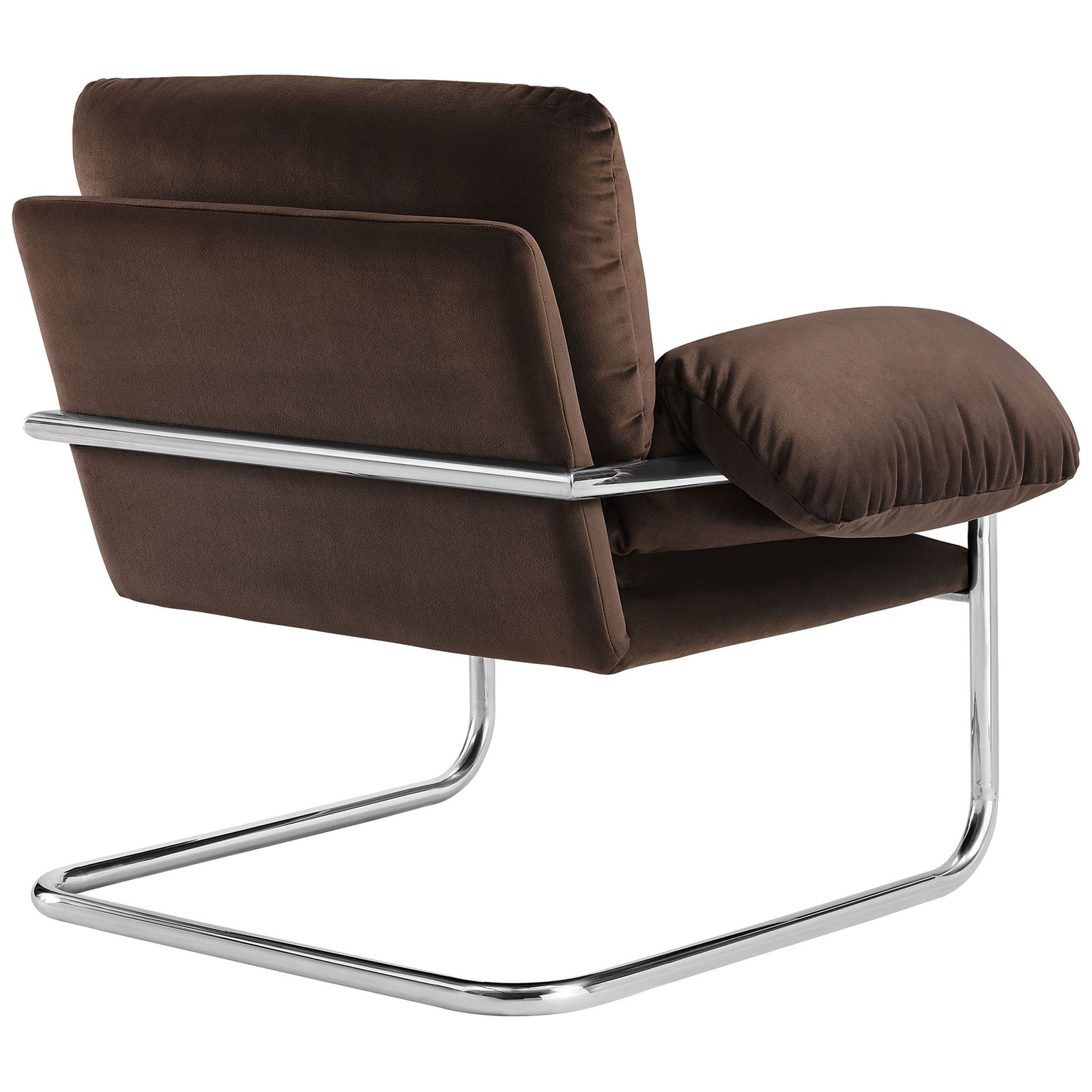 Wraparound cushions meet a gleaming tubular steel frame for modern lounge comfort || EEI-7181-CHB || back_angle_studio