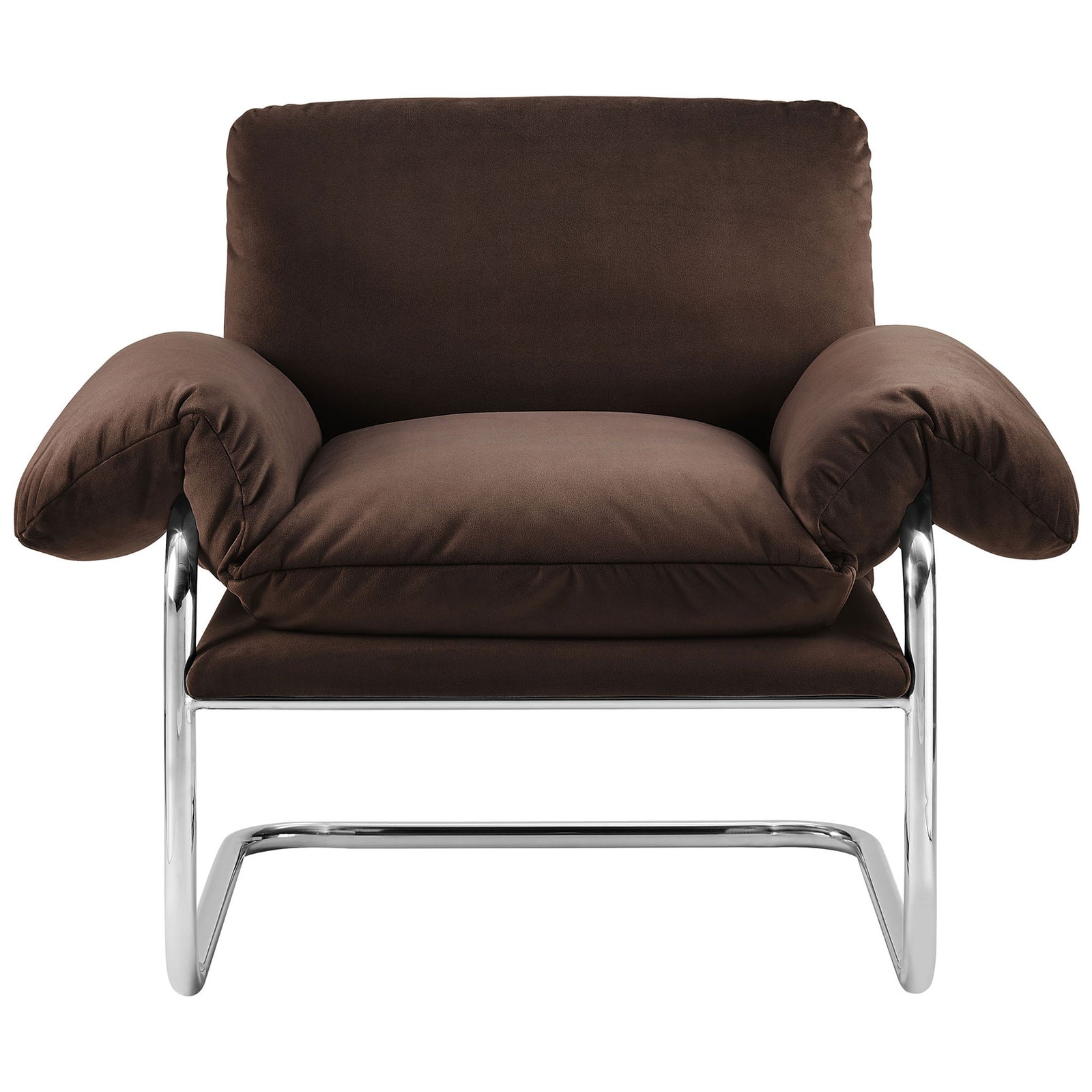 Plush chocolate velvet cushions and a polished steel cantilever base deliver retro-modern comfort || EEI-7181-CHB || front_studio