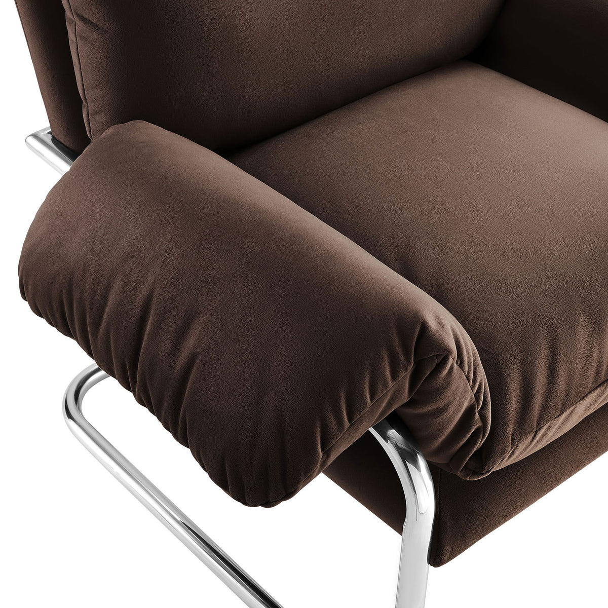 Soft performance velvet and overstuffed arm cushion atop a gleaming tubular base || EEI-7181-CHB || detail_studio