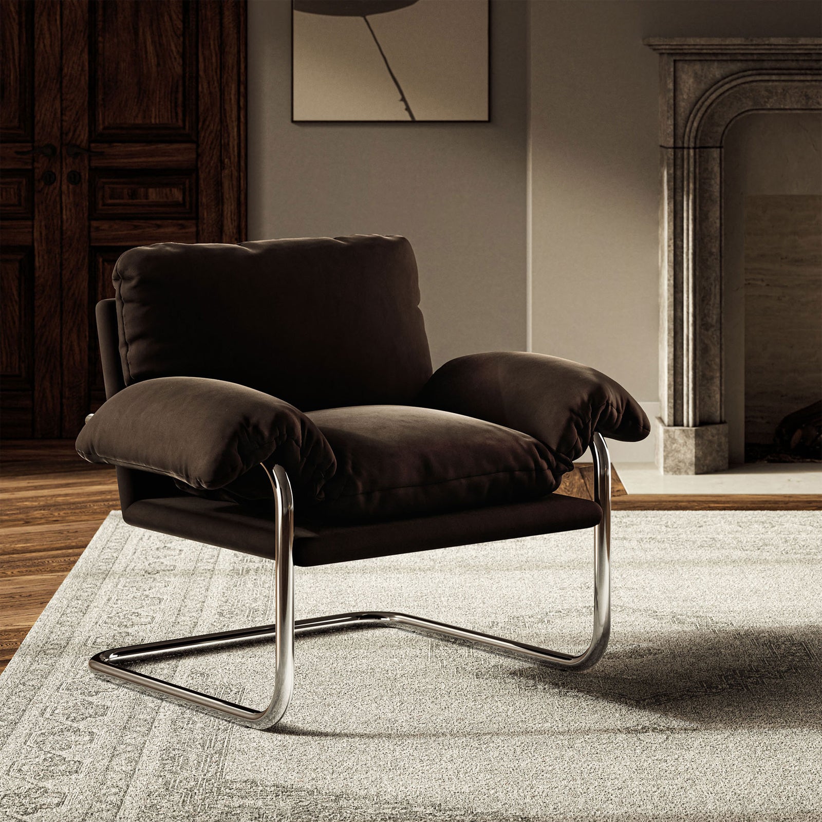 Inviting chocolate velvet lounge chair with plush pillows and a timeless chrome cantilever frame || EEI-7181-CHB || front_angle_room