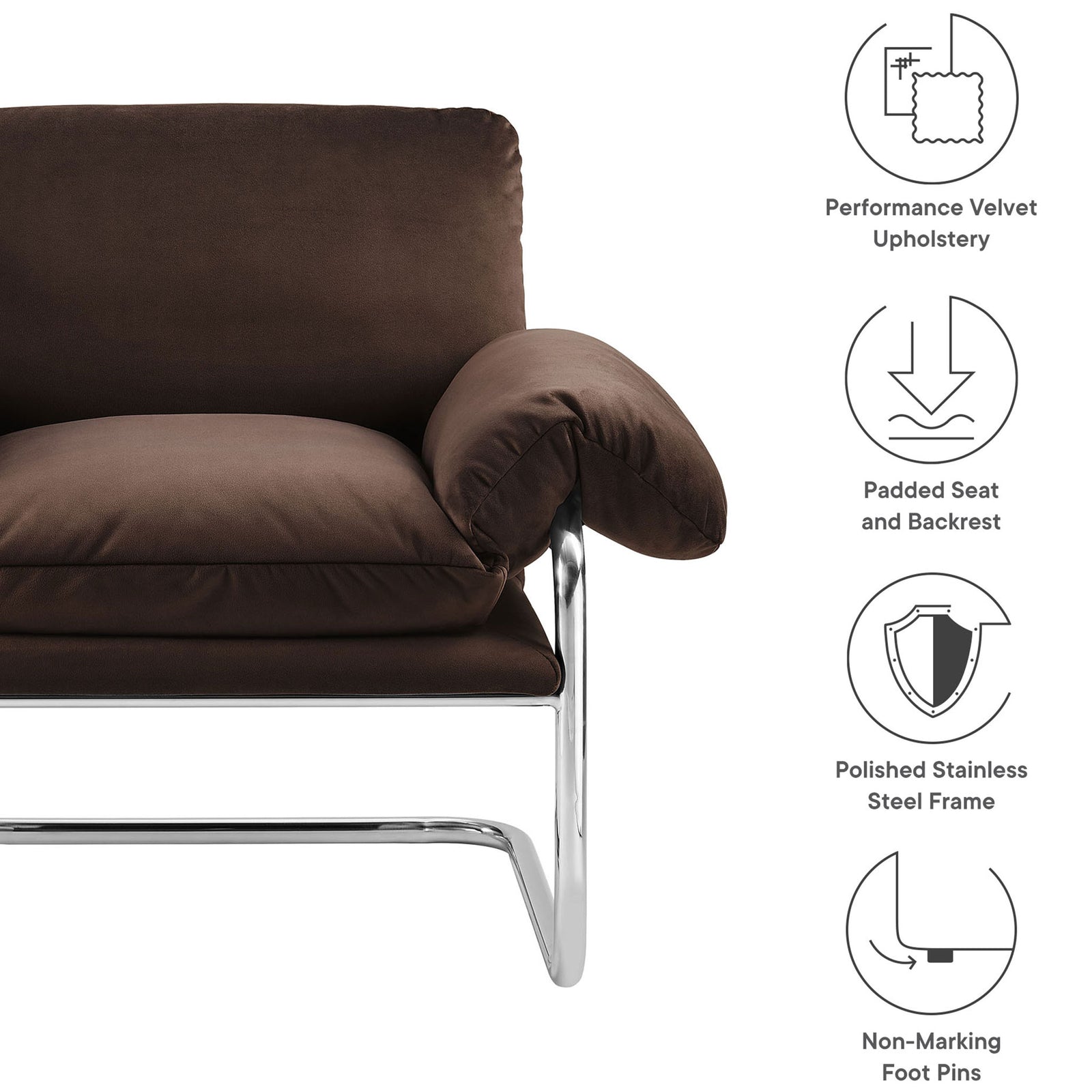 Performance velvet chair with padded seat and back on a polished stainless steel frame || EEI-7181-CHB || callout_studio