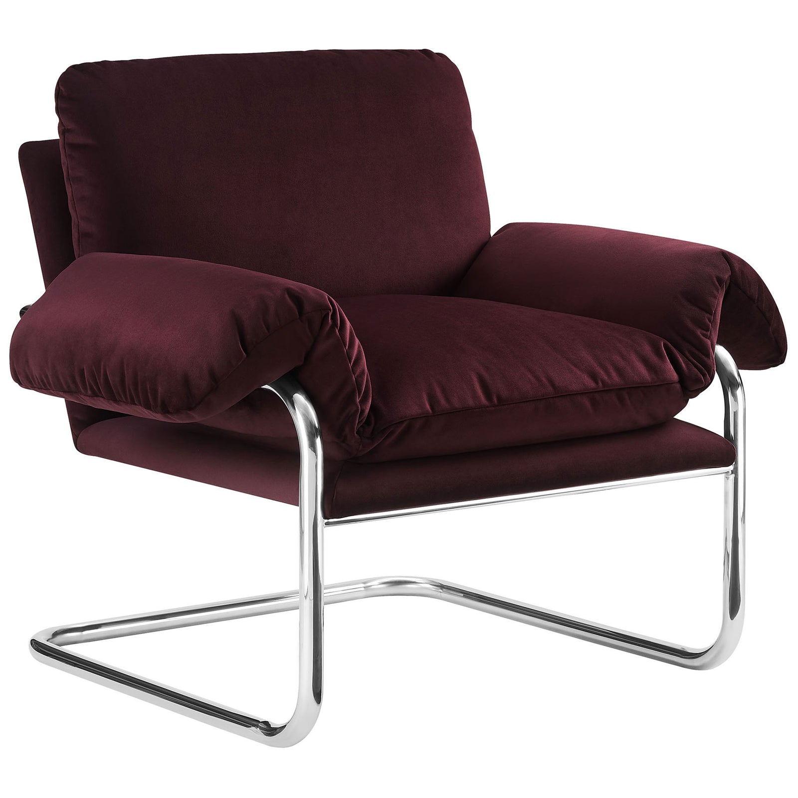 Mulberry velvet accent chair with plush draped cushions and polished cantilever steel base || EEI-7181-MUL || front_angle_studio