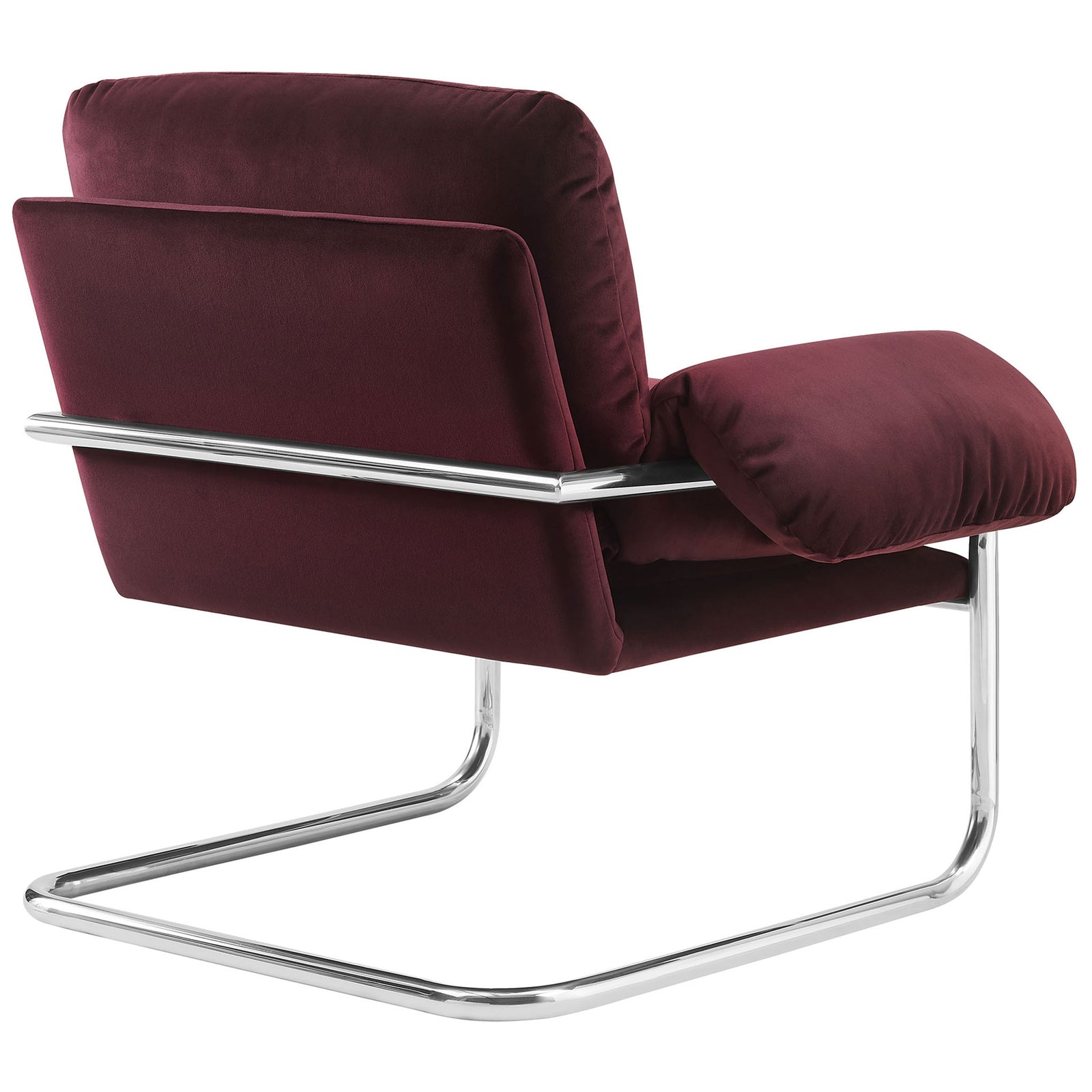 Tailored mulberry velvet upholstery with a continuous chrome frame curving around the seat || EEI-7181-MUL || back_angle_studio