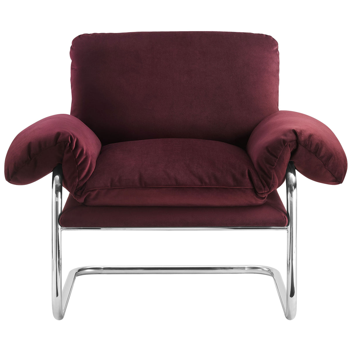 Plush mulberry velvet chair with generous cushions and gleaming stainless steel cantilever frame || EEI-7181-MUL || front_studio