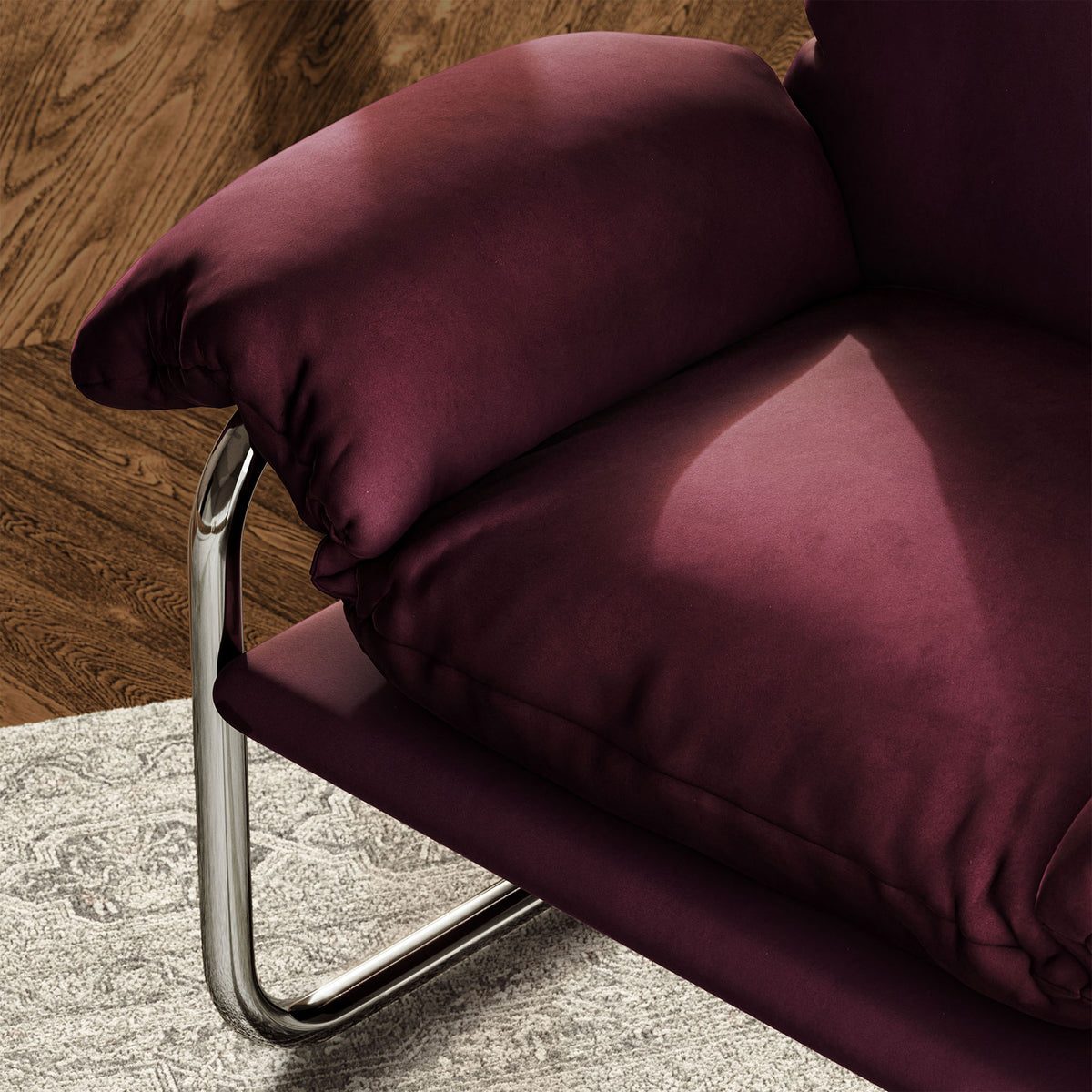 Rich mulberry velvet arm and seat cushions with plush feel and a sleek chrome base || EEI-7181-MUL || detail_room