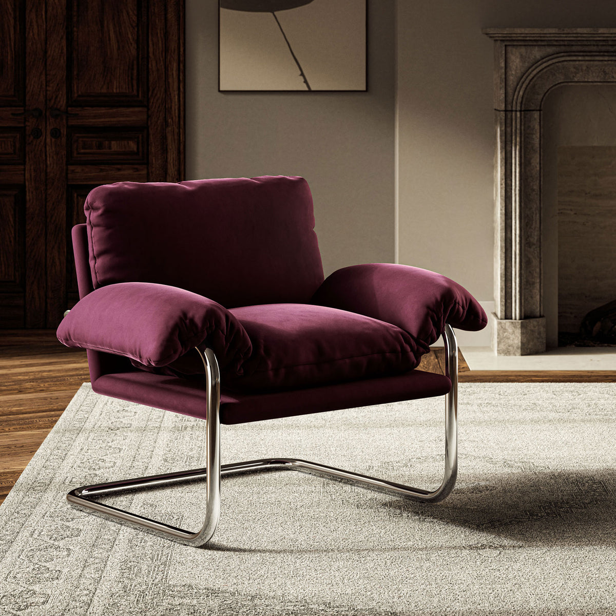 Mulberry velvet lounge chair with cozy cushions and modern chrome cantilever frame || EEI-7181-MUL || front_angle_room