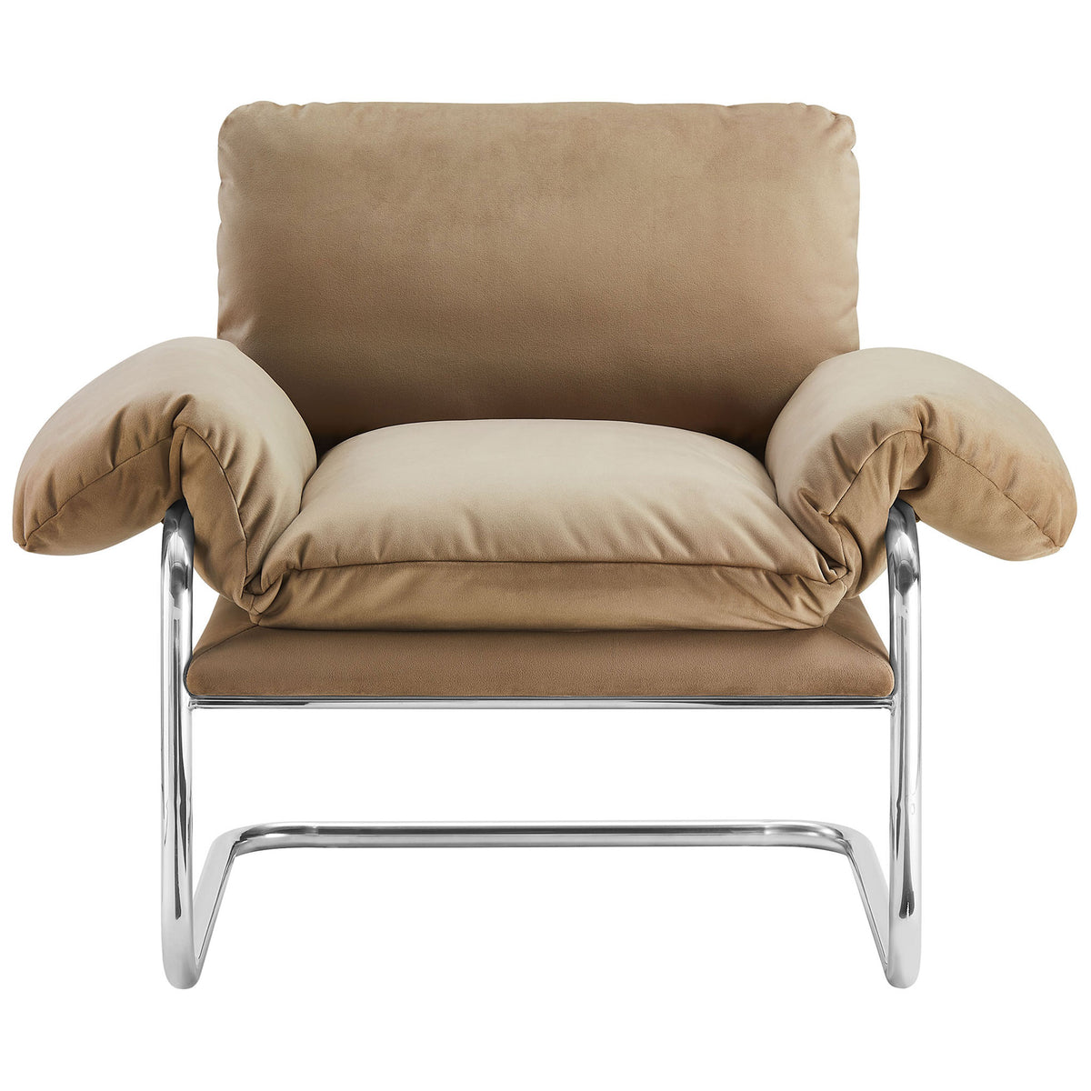 Plush taupe velvet cushions drape over polished steel arms for a cozy, modern lounge feel. || EEI-7181-TAU || front_studio