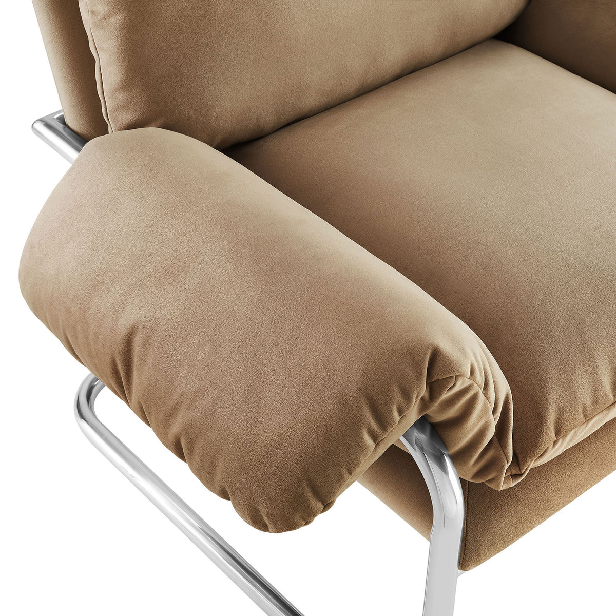 Overstuffed arm cushion and smooth velvet upholstery invite lounging with a soft, tailored touch. || EEI-7181-TAU || detail_studio