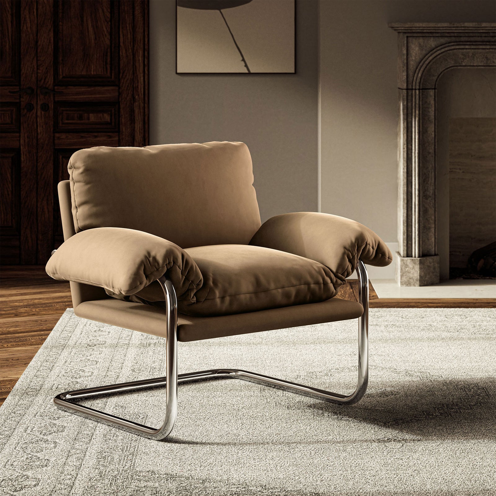 Rich taupe velvet and polished steel curves bring cozy sophistication to living spaces. || EEI-7181-TAU || front_angle_room
