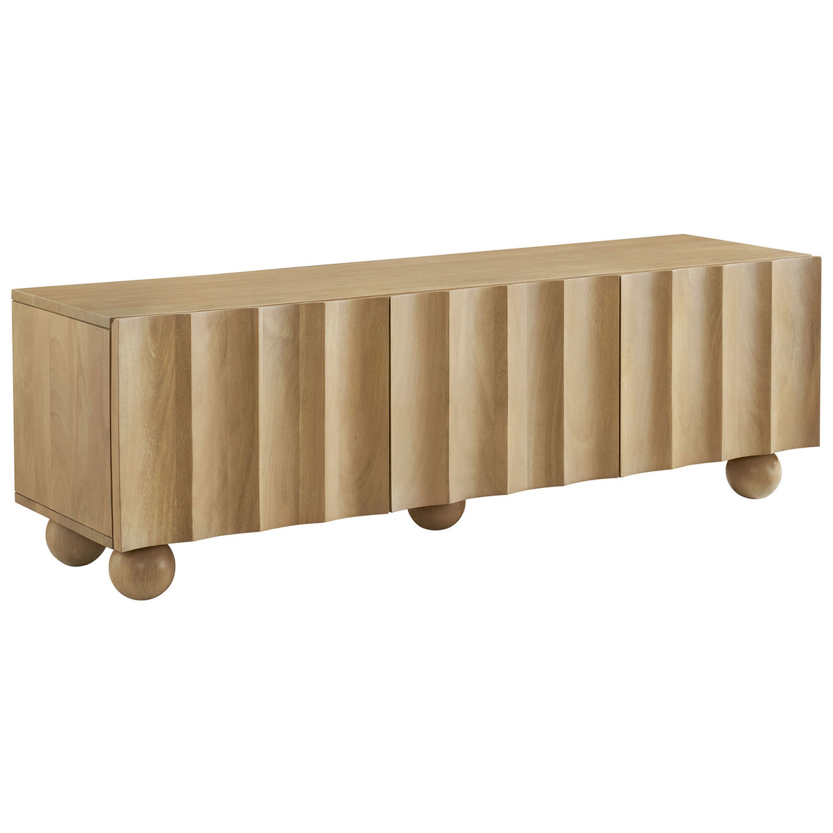Natural scalloped wood TV stand showing smooth top surface and bold fluted cabinet fronts || EEI-7183-NAT || front_angle_studio