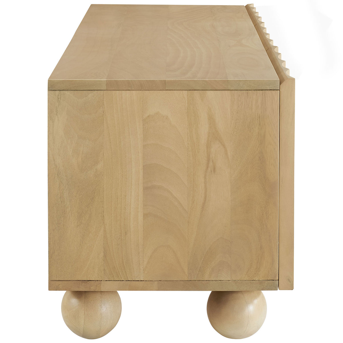 Natural wood TV stand highlighting clean side panels, sculpted door texture, and sturdy bun feet || EEI-7183-NAT || side_studio