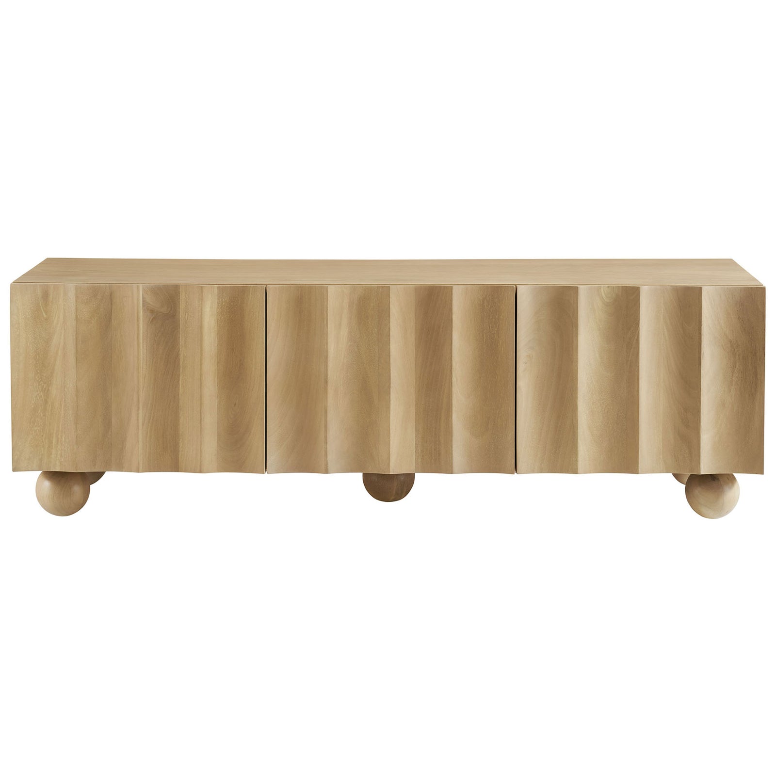 Natural wood TV stand with sculpted scalloped doors and rounded bun feet for modern media storage || EEI-7183-NAT || front_studio