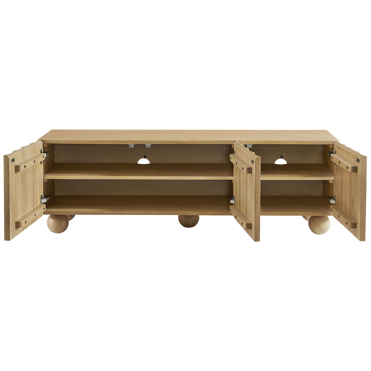 Natural wood TV stand with three cabinet doors open revealing adjustable shelves and cable cutouts || EEI-7183-NAT || front_open_studio