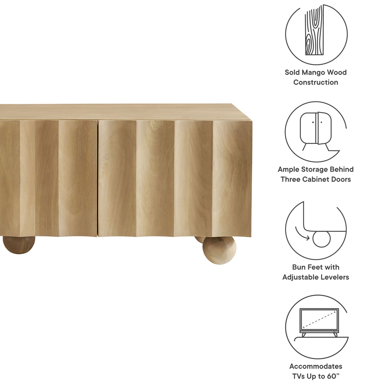 Natural solid wood TV stand feature graphic highlighting storage, bun feet, and TV size support || EEI-7183-NAT || callout_studio