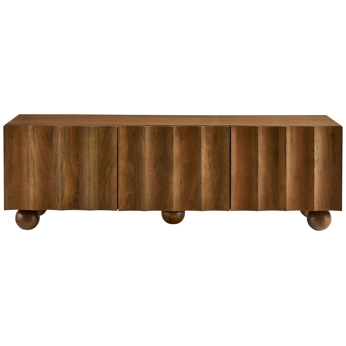 Walnut wood TV stand with bold fluted doors and smooth top creating a streamlined media console || EEI-7183-WAL || front_studio
