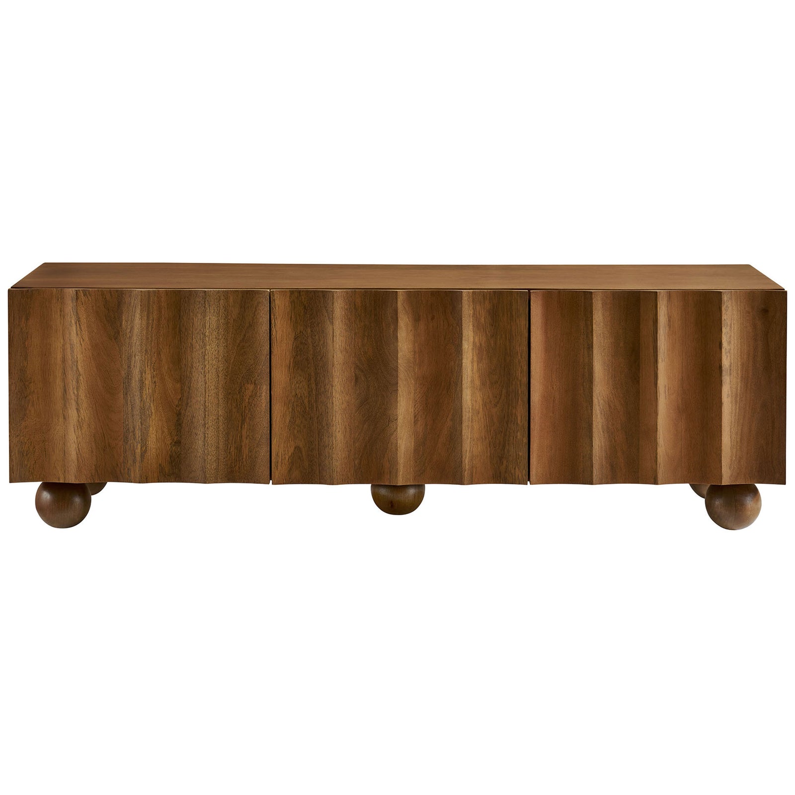 Walnut wood TV stand with bold fluted doors and smooth top creating a streamlined media console || EEI-7183-WAL || front_studio