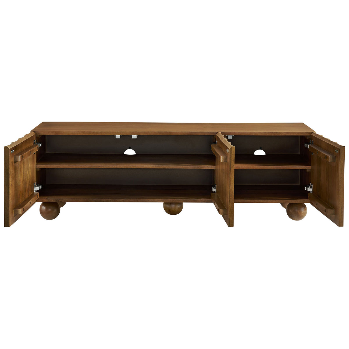 Walnut wood TV stand with three cabinet doors open revealing shelves and integrated cable cutouts || EEI-7183-WAL || front_open_studio