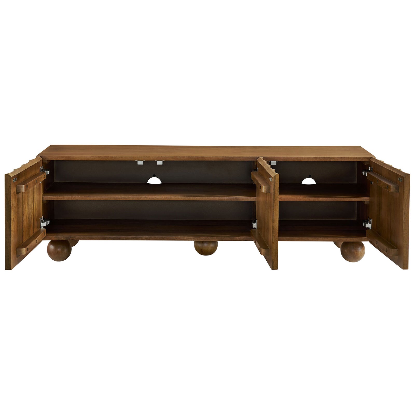 Walnut wood TV stand with three cabinet doors open revealing shelves and integrated cable cutouts || EEI-7183-WAL || front_open_studio
