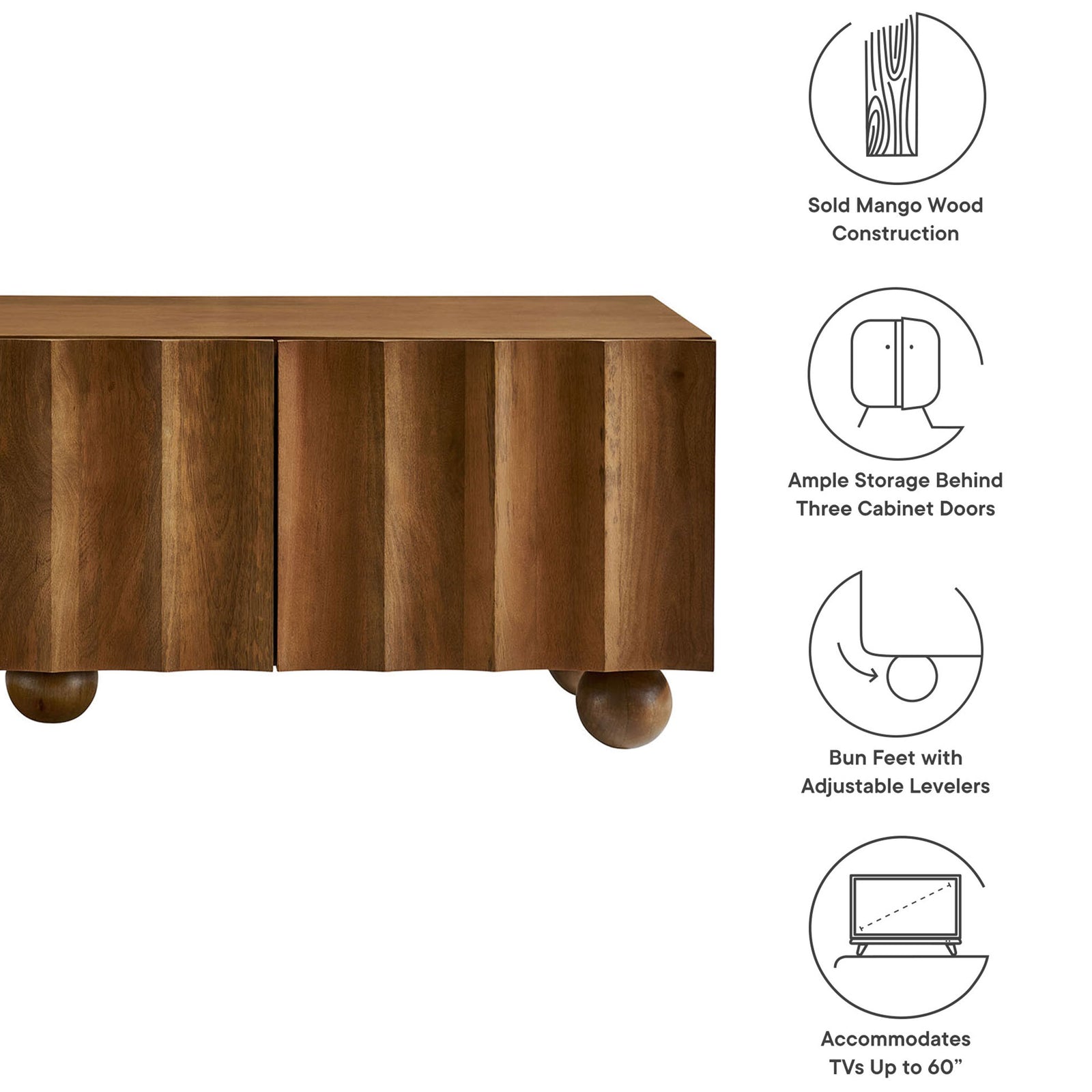 Walnut solid wood TV stand feature graphic showing storage, bun feet, and recommended TV size || EEI-7183-WAL || callout_studio