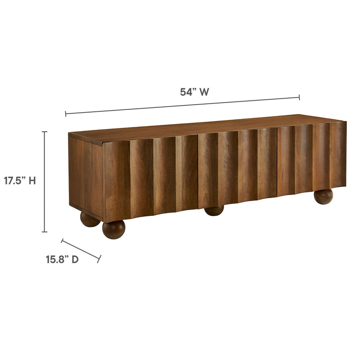 Walnut wood TV stand with clear diagram indicating overall width, height, and depth dimensions || EEI-7183-WAL || dimension_studio