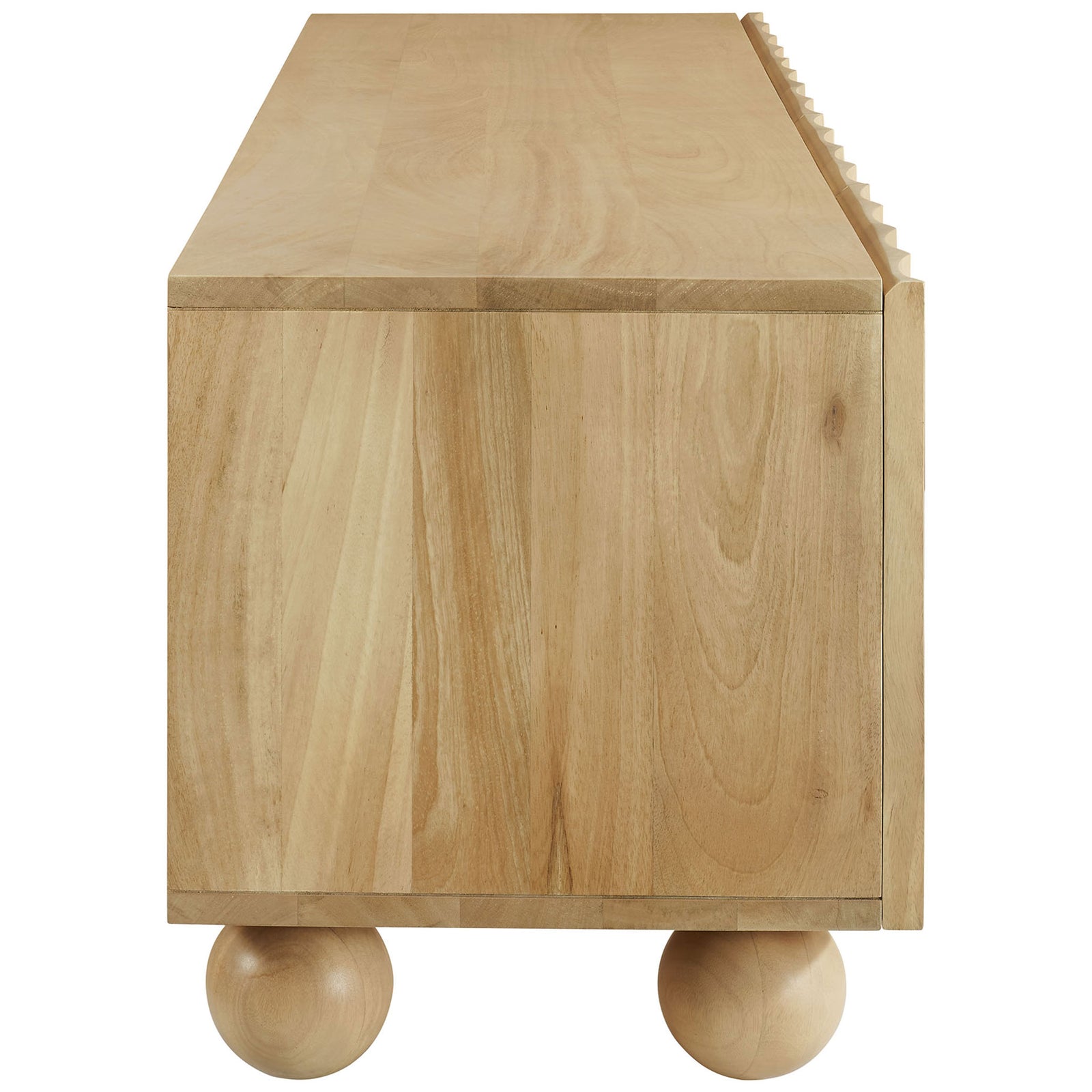 Natural wood TV stand emphasizing smooth side panel construction and rounded ball-style feet || EEI-7184-NAT || side_studio