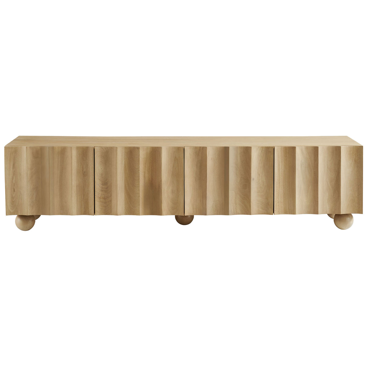 Wide natural wood TV stand with sculpted scalloped doors creating a seamless modern media console || EEI-7184-NAT || front_studio