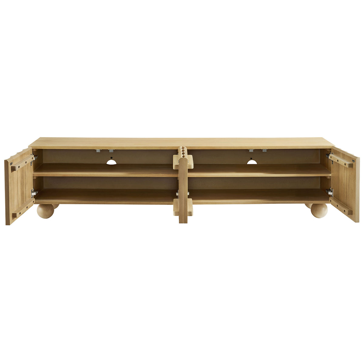 Natural wood TV stand with four cabinet doors open to reveal roomy shelves and cable management ports || EEI-7184-NAT || front_open_studio