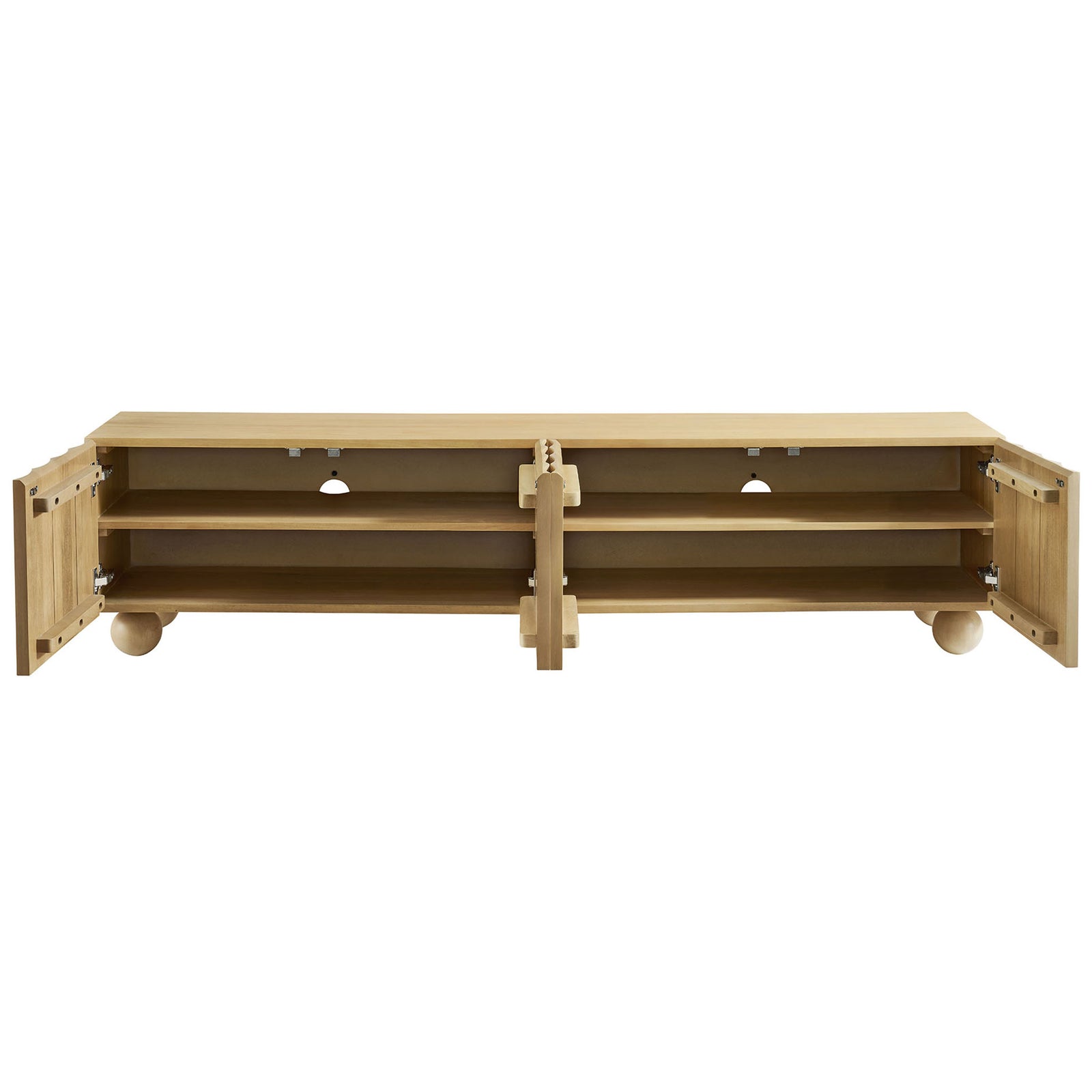 Natural wood TV stand with four cabinet doors open to reveal roomy shelves and cable management ports || EEI-7184-NAT || front_open_studio