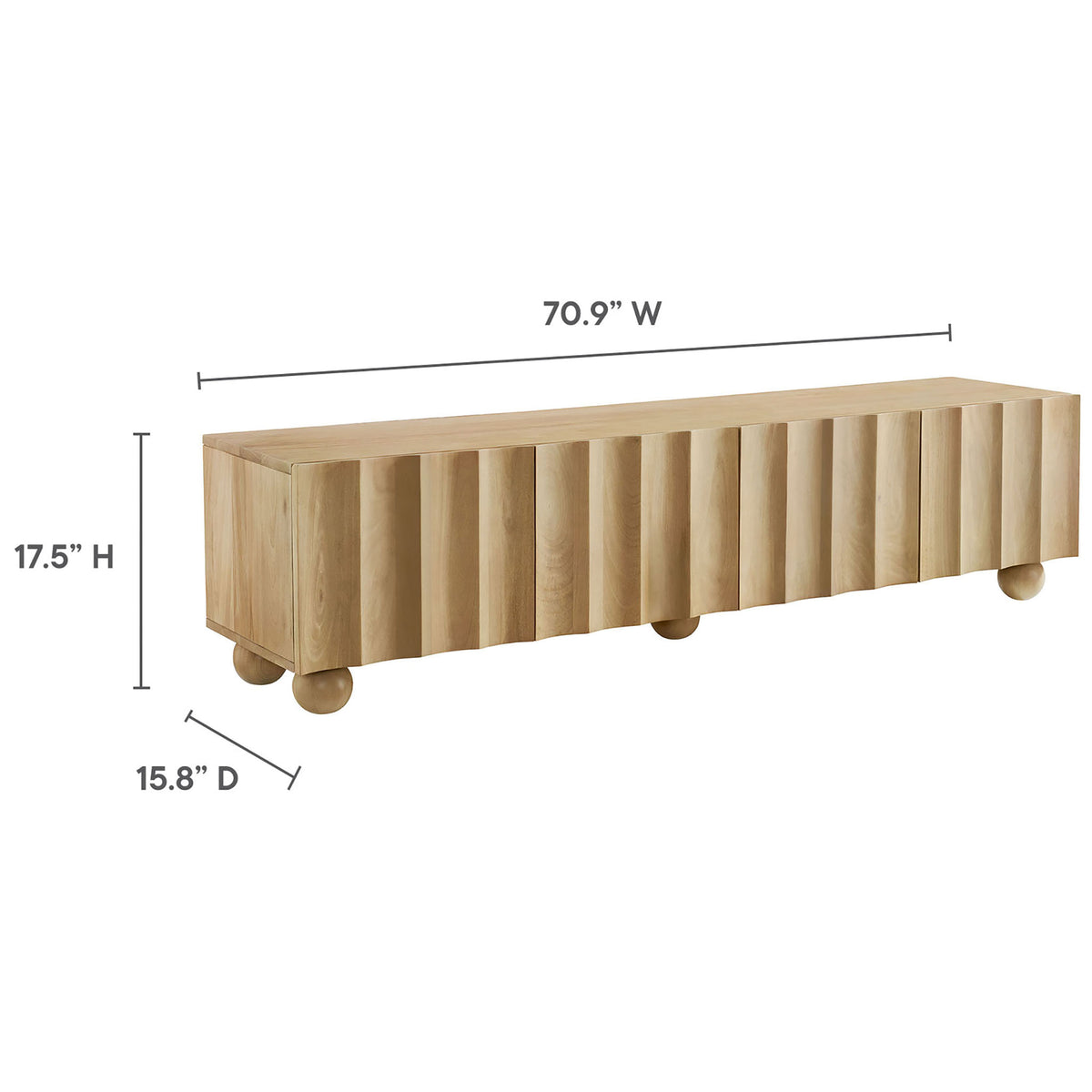 Natural wood TV stand with labeled measurements illustrating overall width, height, and depth || EEI-7184-NAT || dimension_studio