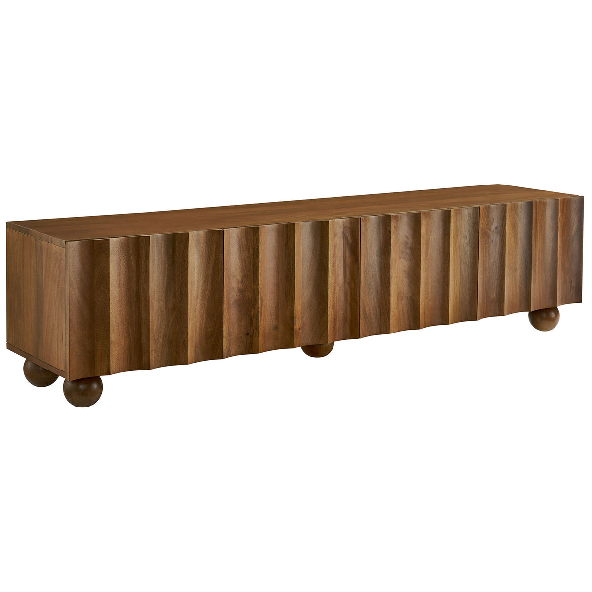 Long walnut wood TV stand with scalloped four-door front and rounded bun feet for generous storage || EEI-7184-WAL || front_angle_studio