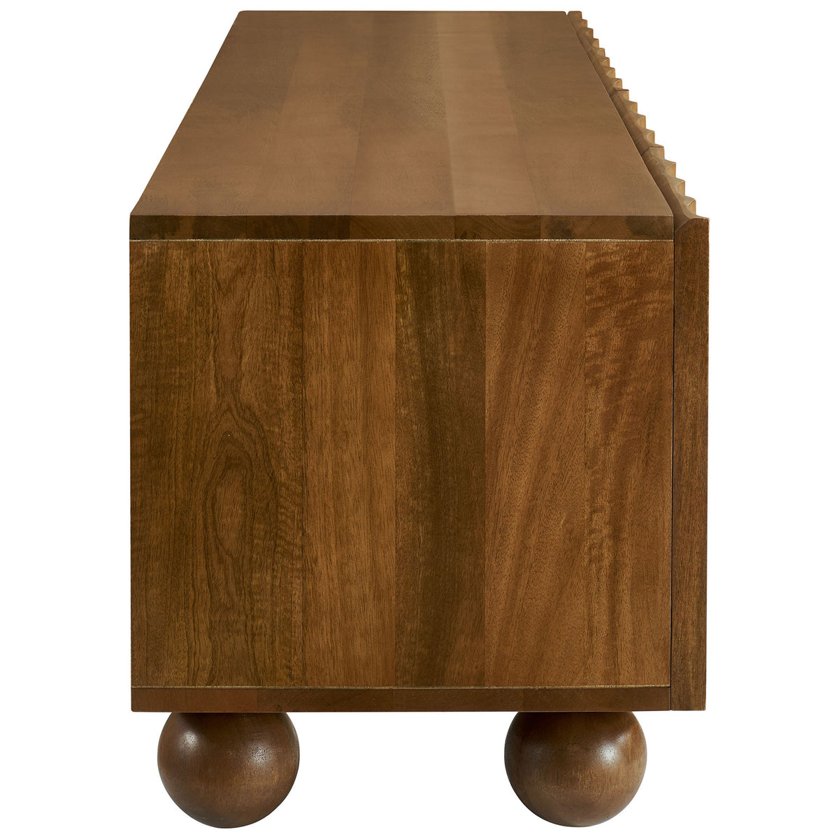 Walnut TV stand emphasizing smooth side panels, rich grain, and spherical bun feet || EEI-7184-WAL || side_studio