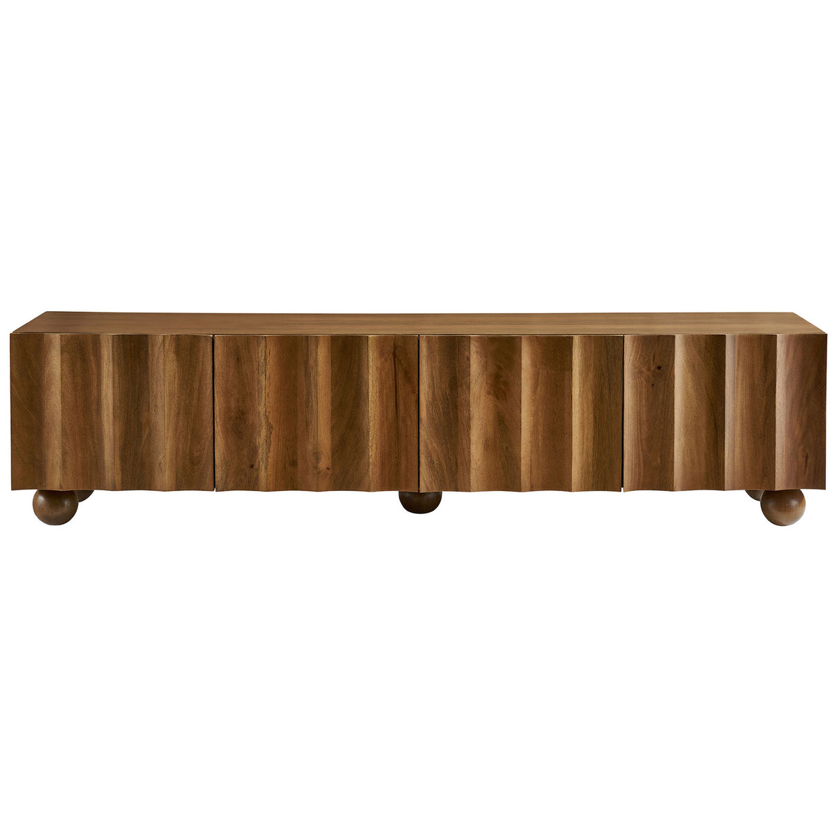 Wide walnut TV stand with continuous scalloped door fronts and a low-profile media silhouette || EEI-7184-WAL || front_studio