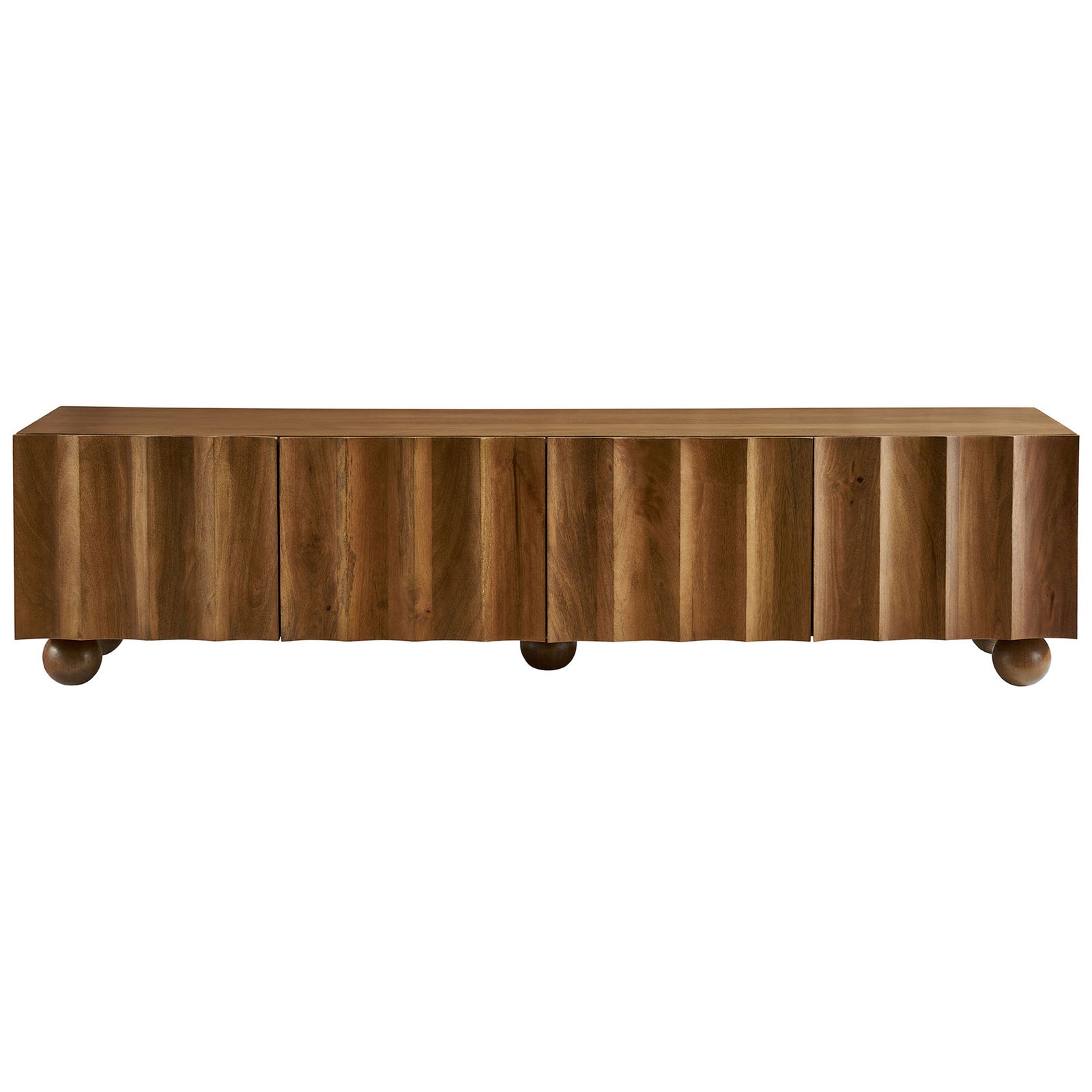 Wide walnut TV stand with continuous scalloped door fronts and a low-profile media silhouette || EEI-7184-WAL || front_studio