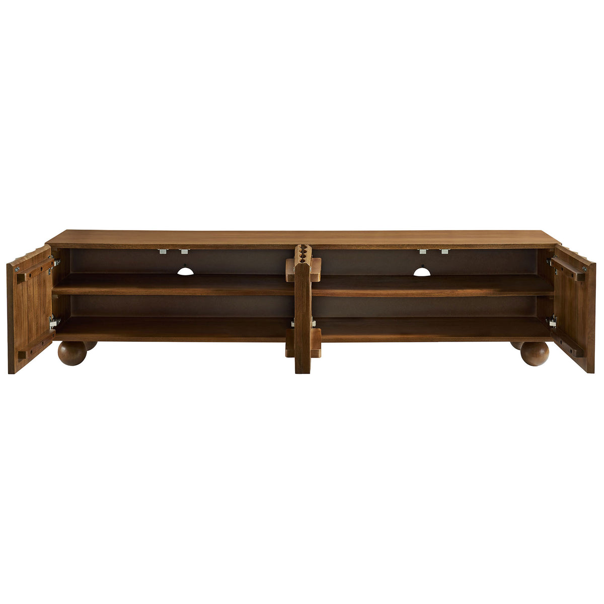 Walnut TV stand with four cabinet doors open revealing spacious shelves and rear wire cutouts || EEI-7184-WAL || front_open_studio