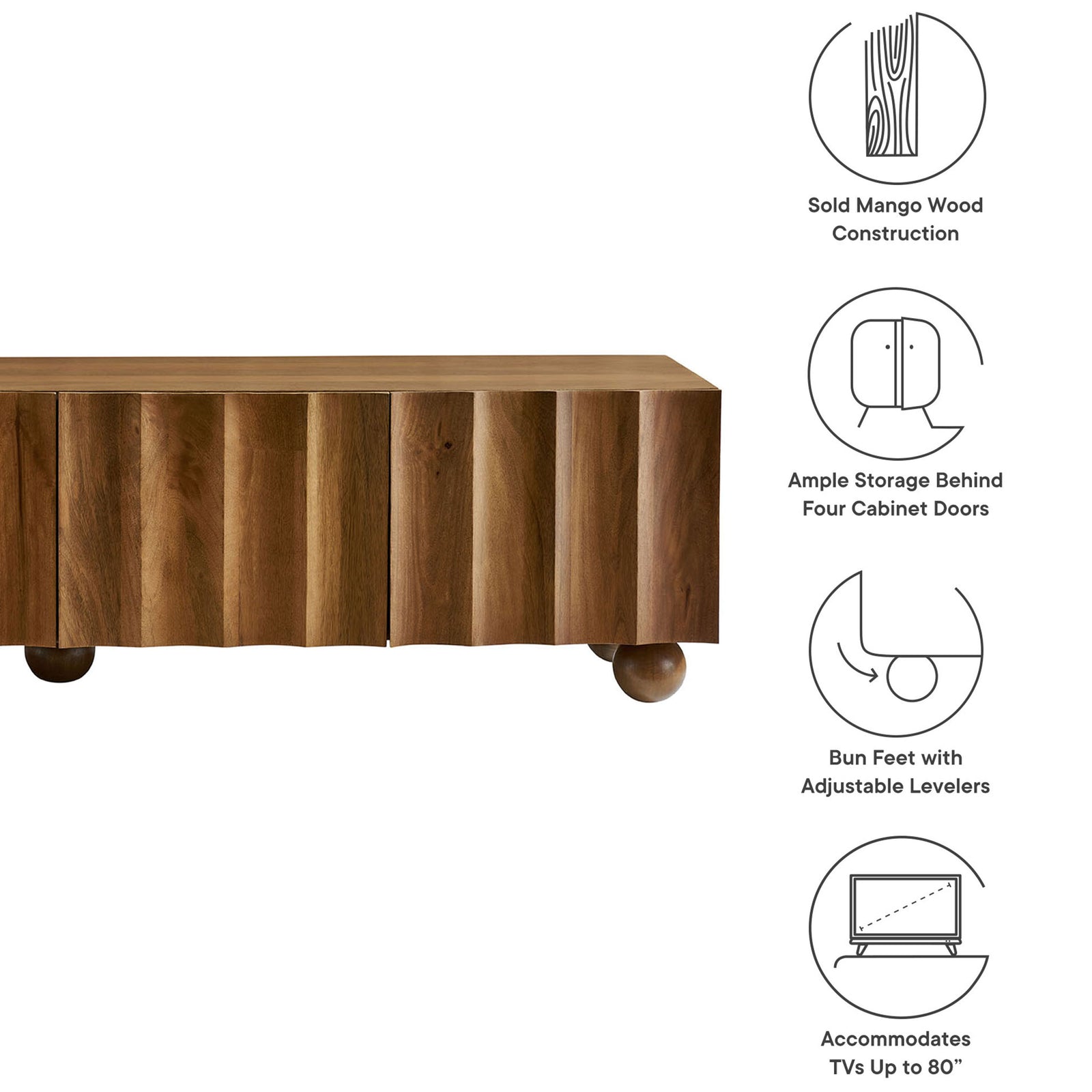 Walnut solid wood TV stand feature graphic highlighting storage, bun feet, and TV capacity || EEI-7184-WAL || callout_studio