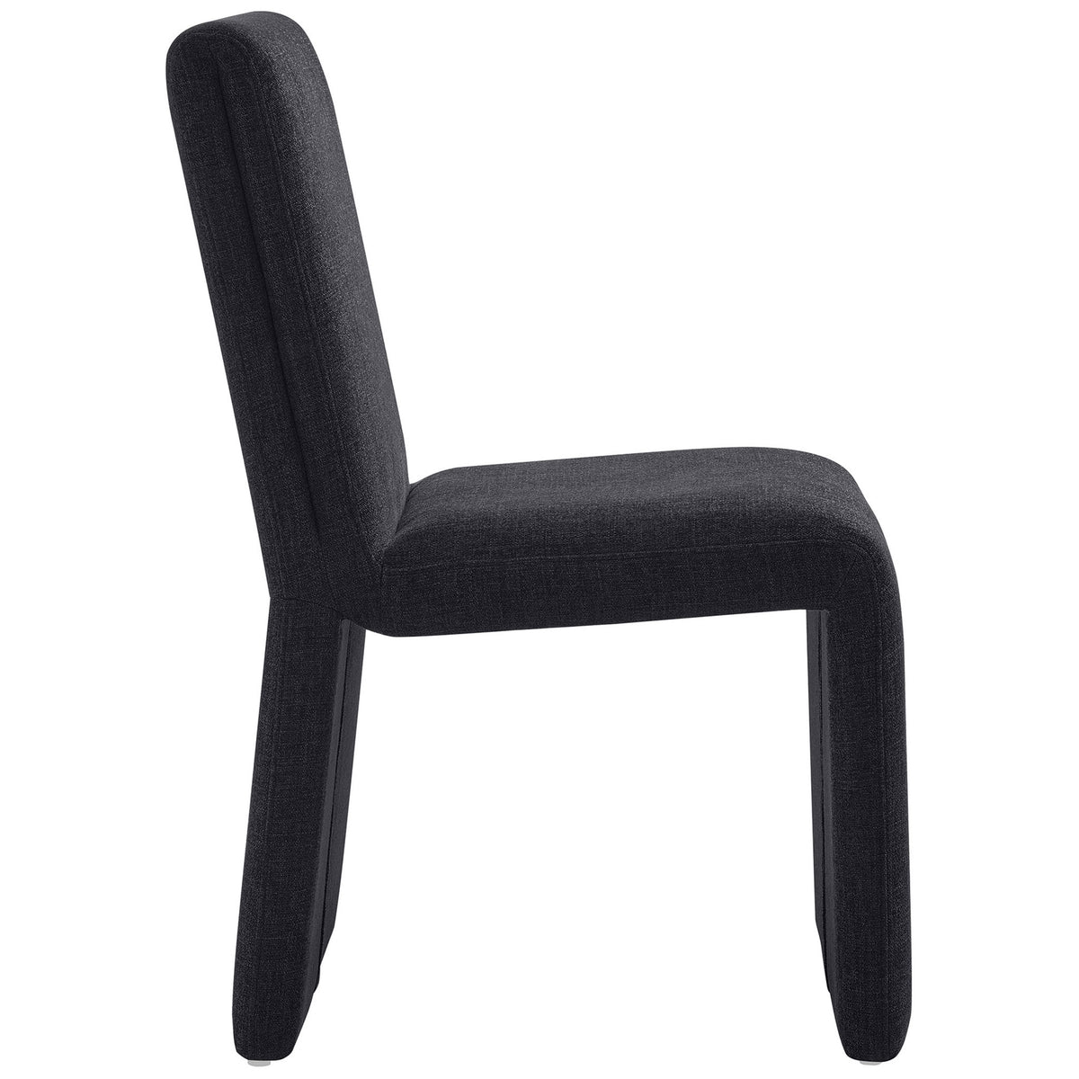 Ebony fabric dining chair showcasing the slim armless silhouette and fully upholstered base || EEI-7185-EBO || side_studio