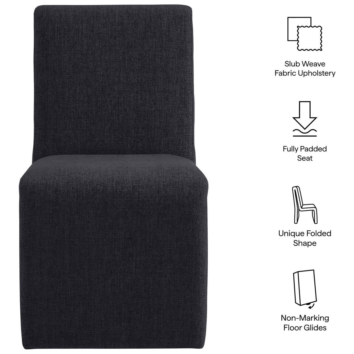 Ebony Emory dining chair with icons highlighting padded seat folded shape and floor glides || EEI-7185-EBO || callout_studio