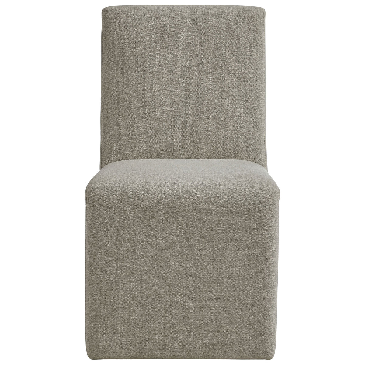 Upholstered slipper dining chair with tailored front panel and soft linen texture || EEI-7185-LIN || front_studio
