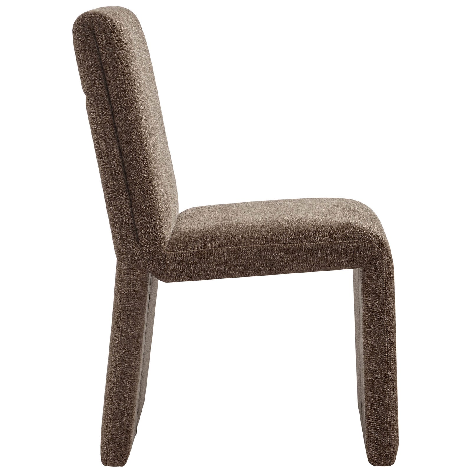 Slim mocha dining chair profile highlighting the continuous cushioned seat and back. || EEI-7185-MOC || side_studio