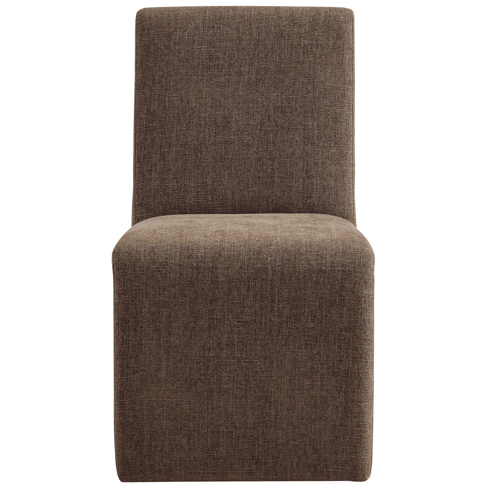 Mocha upholstered dining chair with sleek wraparound base and plush padded seat. || EEI-7185-MOC || front_studio