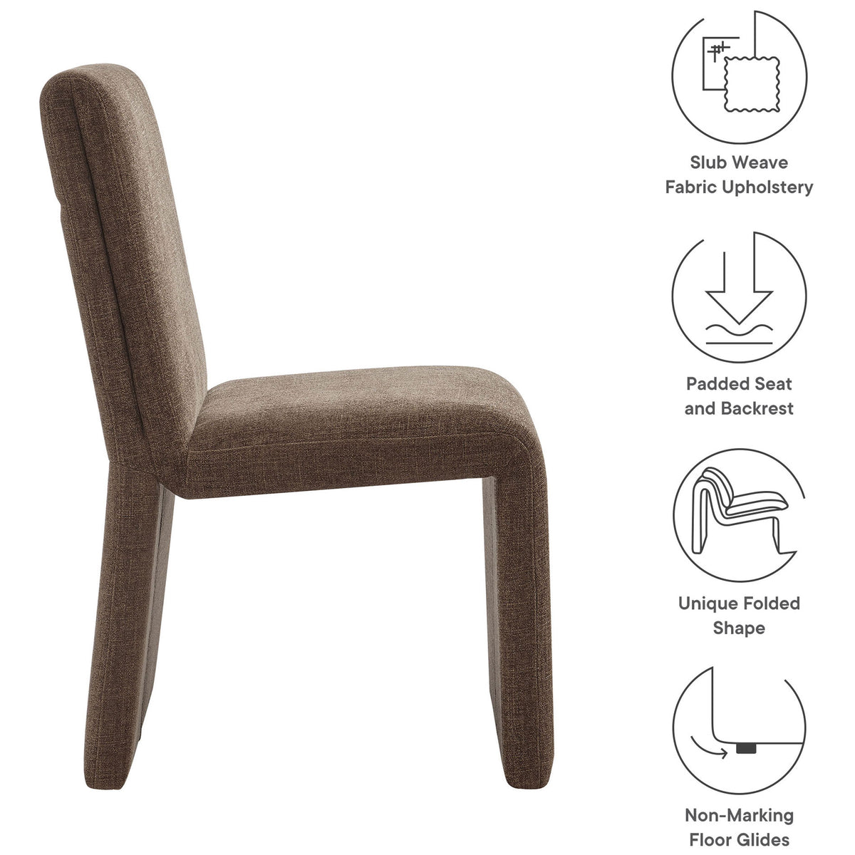 Feature graphic highlighting slub weave upholstery, padded seat and back, and non-marking glides. || EEI-7185-MOC || callout_studio