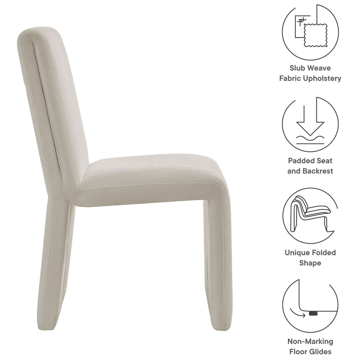 Feature overview of Emory dining chair highlighting slub weave fabric, padded seat, and folded shape || EEI-7185-SAL || callout_studio