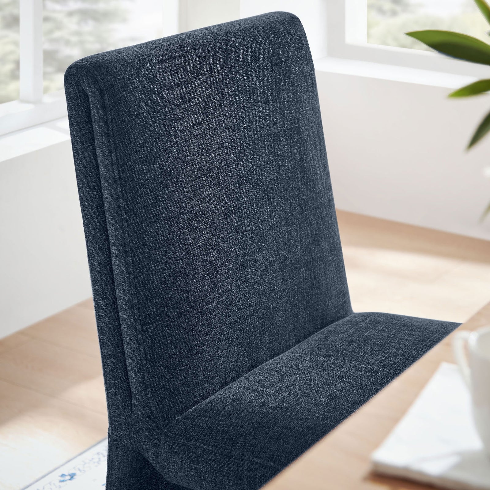 Emory dining chair back shows soft foam cushioning and tailored slate blue fabric texture || EEI-7185-SLB || detail_room
