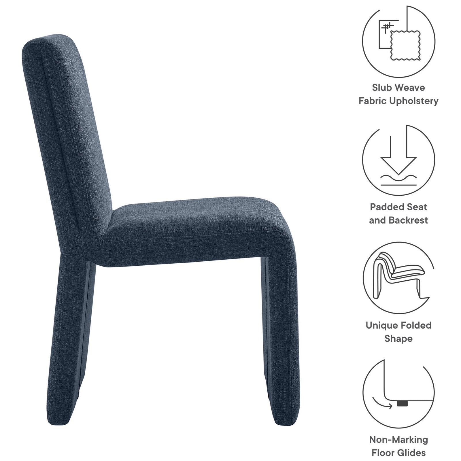 Emory slate blue dining chair highlighting slub weave fabric, plush padding, and folded base design || EEI-7185-SLB || callout_studio