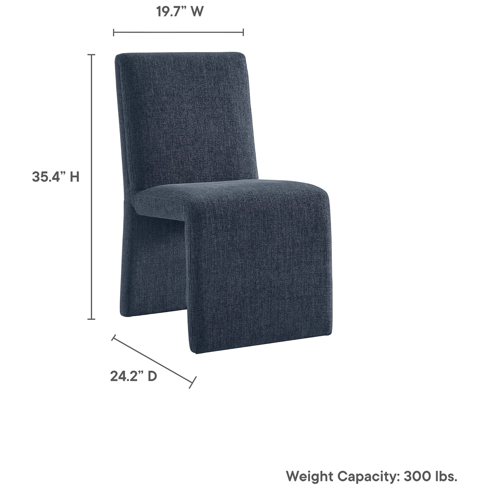 Emory slate blue dining chair with clearly labeled dimensions and 300 lb weight capacity || EEI-7185-SLB || dimension_studio
