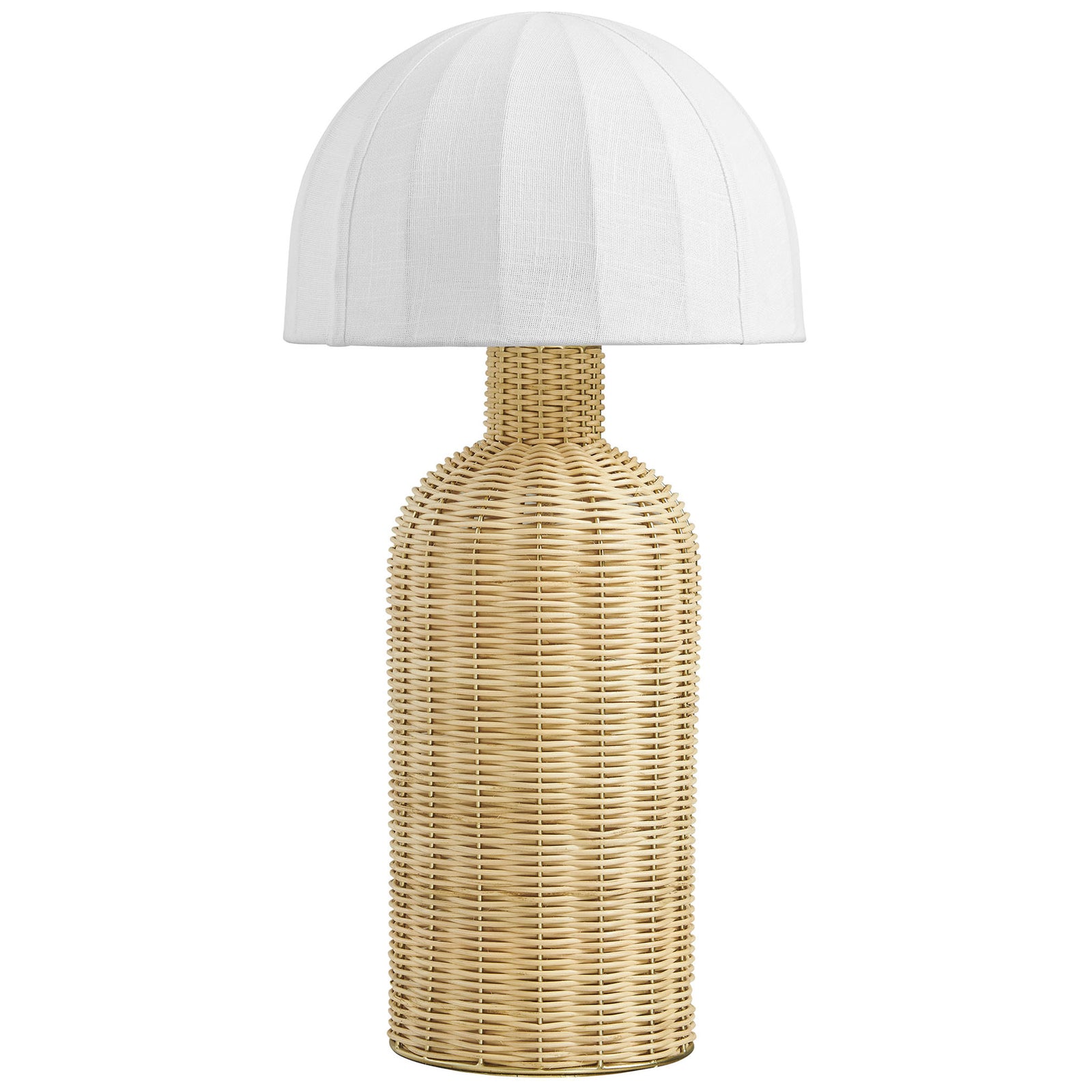 White dome shade paired with a natural rattan base creates a fresh coastal table lamp silhouette || EEI-7186-WHI-NAT || front_studio