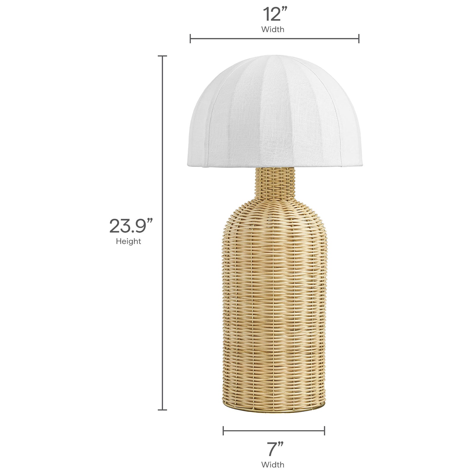 Dimensions of Santo rattan table lamp with labeled height, shade width, and slim base footprint || EEI-7186-WHI-NAT || dimension_studio